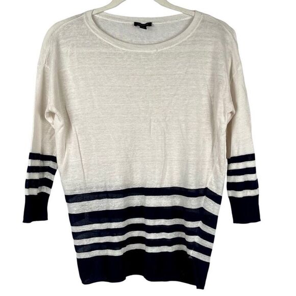 Ann Taylor Lightweight Pullover Ivory Navy Stripe 3/4 Sleeve Sweater Small - Picture 1 of 10
